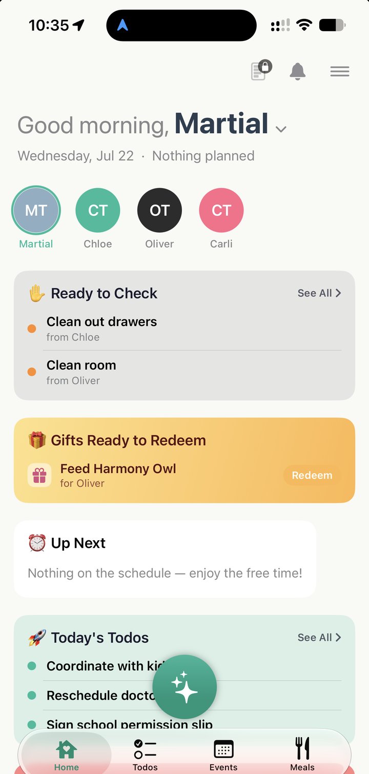 The family app's home screen — the day's schedule, todos, and rewards for each member of the house